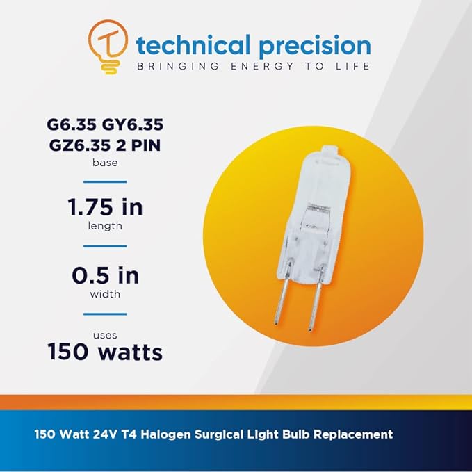 Technical Precision 150W 24V Halogen Bulb Replacement for Stryker Visium 600 T4 Surgical Light Bulb - G6.35 Bi-Pin Base - 3050K Warm White - OEM Bulb ONLY - 1 Pack