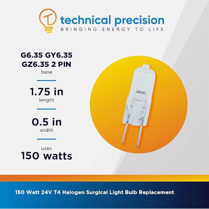 Technical Precision 150W 24V Halogen Bulb Replacement for Stryker Visium 600 T4 Surgical Light Bulb - G6.35 Bi-Pin Base - 3050K Warm White - OEM Bulb ONLY - 1 Pack