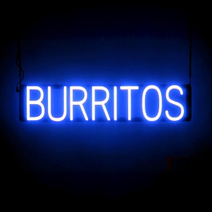 SpellBrite BURRITOS Sign | Mexican Food-Related Sign with Neon Look, Blue LED Light Source | 29.0" x 6.3"