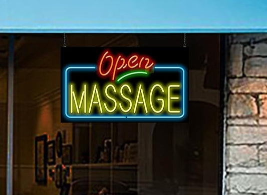 Massage Open Neon Sign - Very Large Size - 37" wide x 22" high - Real, Quality Hand Bent Neon Sign - Red & Yellow Letters with Blue & Green Accent Lines