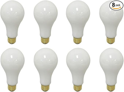 Royal Designs, Inc. 3 Way 100 150 250 Watts Incandescent A19 Light Bulb, E26 Medium Brass Base, Soft White, Set of 8, LB-1006-8