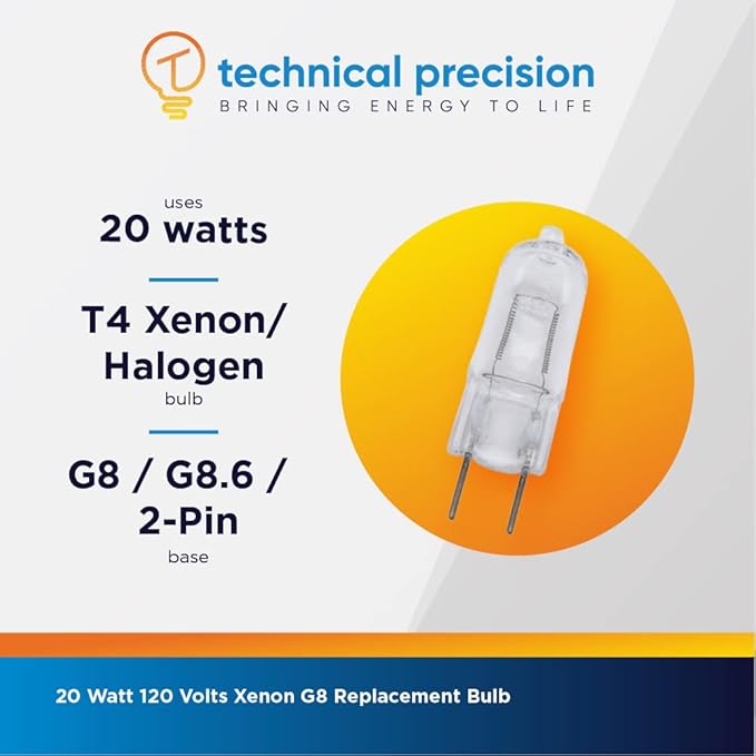 Technical Precision 20W Xenon G8 Bulb Replacement for Furnlite Fc-933 120V T4 Halogen Puck Light, Landscape and Under Cabinet Light Bulb - Bi-Pin G8 Base - 2 Pack