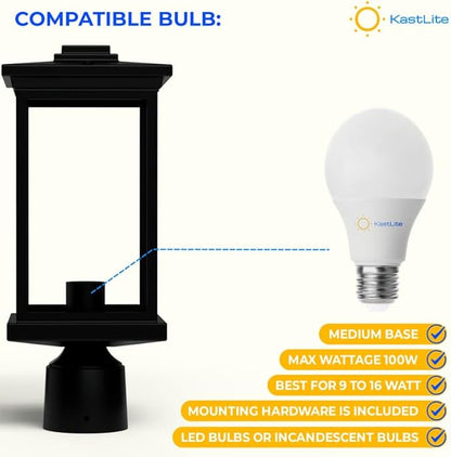 KASTLITE Outdoor Post Light Fixture, Fits 3" Lamp Post Outdoor Lighting - Anti-Rust Waterproof Lantern Pole Light, E26 Base - Yard Pathway Driveway Patio Deck Fence & Street Lighting