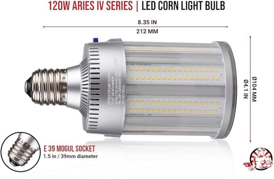 RuggedGrade Aries IV Series 120W LED Corn Light Bulb | 16,400 Lumens | 5000K Bright White | E39 Base | 277-480V High Voltage LED Bulb | DLC 5.1 Premium