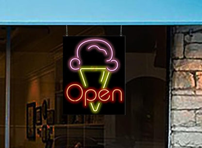 Ice Cream Open Neon Sign - Large Size - 24" wide x 30" high - Real, Quality Hand Bent Neon Sign - Red Letters with a Pink & Yellow Ice Cream Cone Design