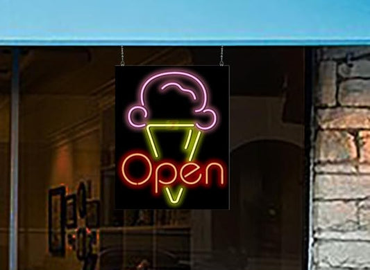 Ice Cream Open Neon Sign - Large Size - 24" wide x 30" high - Real, Quality Hand Bent Neon Sign - Red Letters with a Pink & Yellow Ice Cream Cone Design