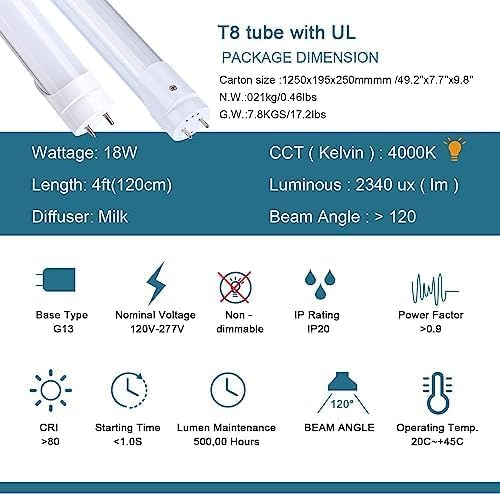 H&B Luxuries 4FT LED T8 Ballast Bypass Type B Light Tube, 18W, Single-Ended & Dual-Ended Connection, 2340LM, G13 Base,T8 T10 T12 Fluorescent Bulbs Replacement, UL & DLC - 4000K (60Pcs)