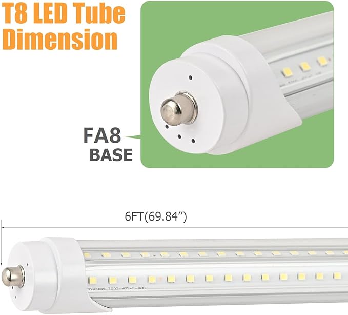 6 Pack 6FT T8 LED Tube Light Bulbs 40W 6000K Daylight with Dual-Row LED Single pin Fa8 Cap 6 Foot T10 T12 Fluorescent Lamp Replacement for Garage, Shop, Warehouse