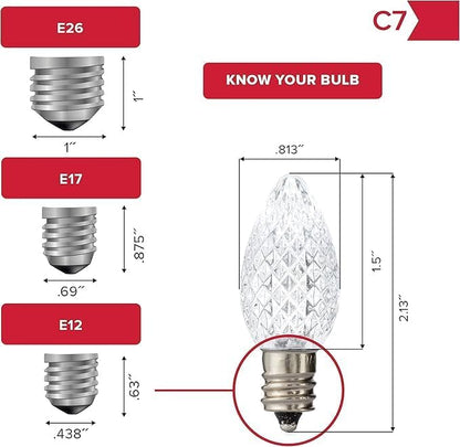 Holiday Lighting Outlet Faceted C7 Christmas Lights | Multi-Colored LED Light Bulbs Holiday Decoration Warm Christmas Decor for Indoor & Outdoor Use | 2 SMD LEDs in Each Light Bulb | Set of 25