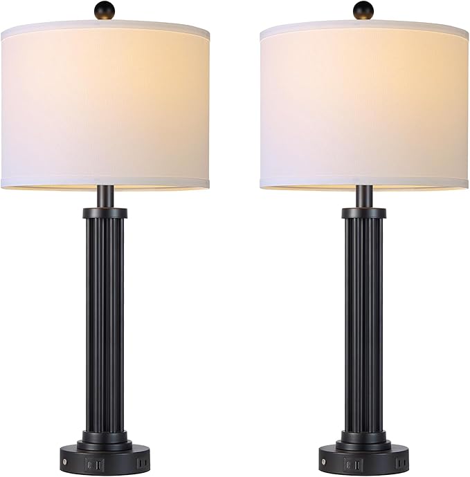 28" Tall Modern Table Lamps Set of 2 with USB C+A Ports and AC Outlet, 3 Way Touch Metal Bedside Lamps for Living Room, Black Nightstand Lamps for Bedroom