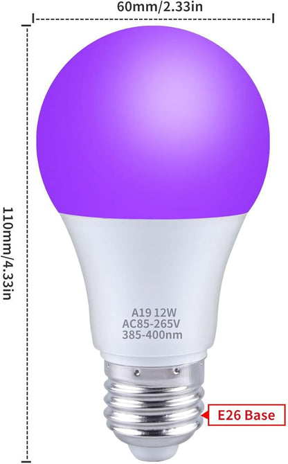 Ontesik A19 LED Black Light Bulbs,E26/E27 Base Dimmable Black Lights,12W UVA Level 395NM, Halloween Light Bulbs，Glow in The Dark，Fluorescent Poster, Body Paint,Neon Glow Party