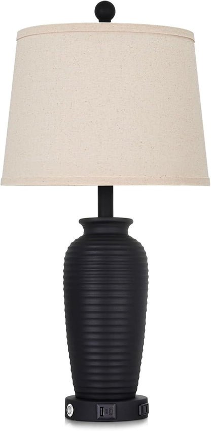 25" Retro Black Farmhouse Jar Table Lamps Set of 2, 3 Way Touch Control Rustic Bedside Lamps with USB A+C Ports & AC Outlet, Pot Nightstand Lamps for Bedroom Living Room (LED Bulbs Included)