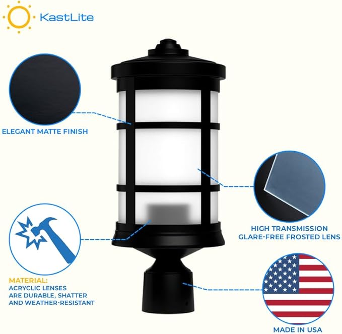 KASTLITE Black Outdoor Lamp Post Fixture - Fits 3" Light Poles for Outside Lighting - Waterproof E26 Base Lantern, Yard Patio Deck Garden Porch Mailbox Driveway & Street Lights - USA Made, Kensington