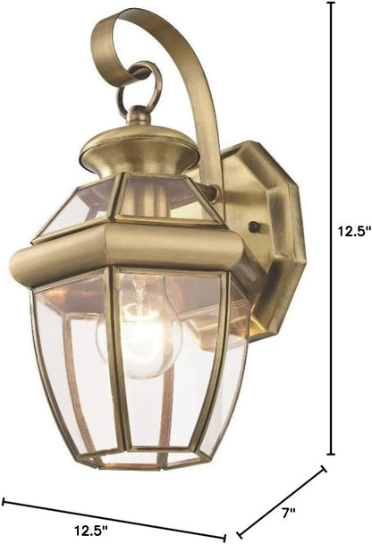 Livex Lighting 2051-01 Monterey 1 Light Outdoor Antique Brass Finish Solid Brass Wall Lantern with Clear Beveled Glass