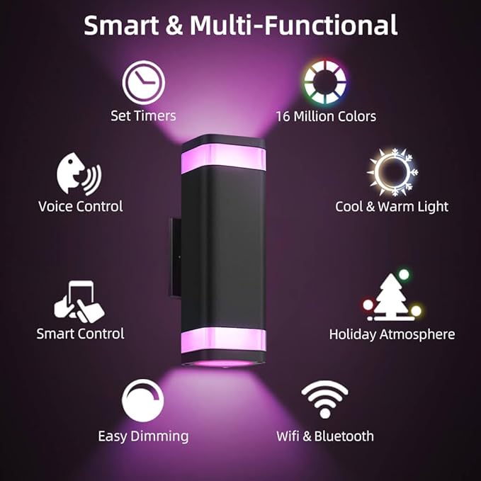 SHIMR Smart RGB Outdoor Wall Light, WiFi App Control Color Changing Up Down Exterior Sconce with Dusk to Dawn Sensor, Waterproof LED Wall Mount Light Fixture, Works with Alexa & Google, Black Finish