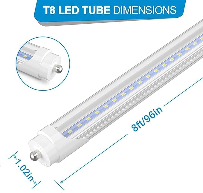 CNSUNWAY 8FT T8 LED Tube Lights (25 Pack) - 50W (130W Equiv.) High-Output 6000K CoolWhite, 5400LM, FA8 Single Pin Ballast Bypass, Clear Cover for T8/T10/T12 Fluorescent Replacement in Garage, ETL