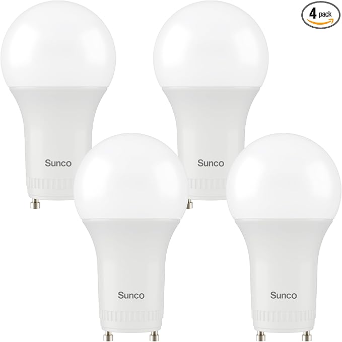 Sunco GU24 LED Bulb A19, 2 Prong Light Bulbs, 800 LM, 9W (60W Equivalent), 5000K Daylight, Dimmable, Twist & Lock GU24 Pin Base, CRI91, Instant On UL 4 Pack.