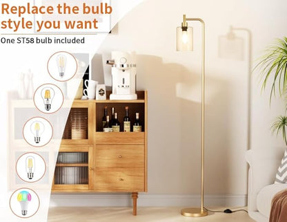 Floor Lamps for Living Room - Industrial Standing Lamp with Glass Shade, Modern Gold Floor Lamp with LED Bulbs, Farmhouse Floor Lamp for Bedroom, Tall Lamp for Office - Gold