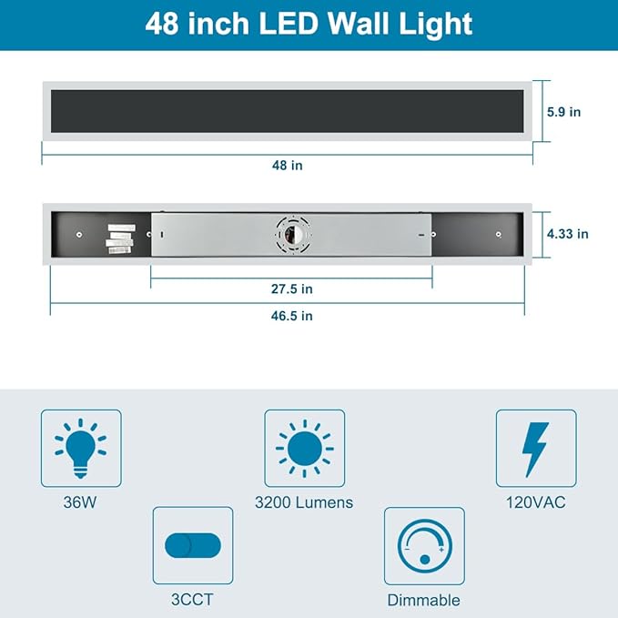 2-Pack 48inch Modern Outdoor LED Long Wall Light Fixture Exterior Wall Sconce Long Strip Wall Lamps, IP65 Waterproof 36W 3200LM Black, 3000K/4000K/5000K Adjustable, Dimmable, ETL