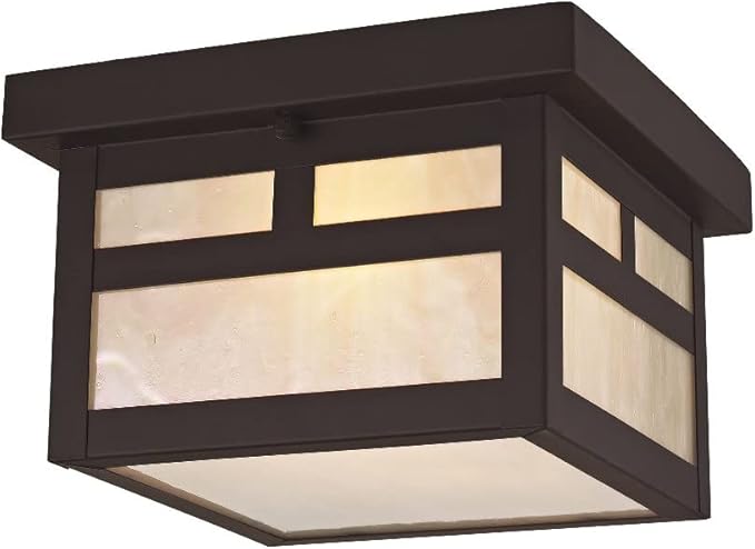 Livex Lighting 2138-07 Montclair Mission 1 Light Outdoor Bronze Finish Solid Brass Ceiling Mount with Iridescent Tiffany Glass, 5.50x8.00x8.00