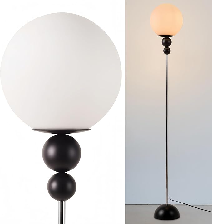 Modern Glass Floor Lamp for Bedroom, 63'' Vintage Mid-Century Floor Lamp with Milky White Frosted Glass Globe Shade for Living Room Corner, Slim Standing Reading Lamp for Office Decor (Black)