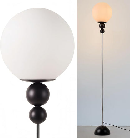 Modern Glass Floor Lamp for Bedroom, 63'' Vintage Mid-Century Floor Lamp with Milky White Frosted Glass Globe Shade for Living Room Corner, Slim Standing Reading Lamp for Office Decor (Black)