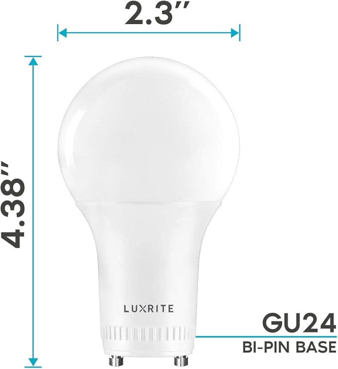 LUXRITE A19 LED GU24 Light Bulb, 60W Equivalent, 2700K Warm White, Enclosed Fixture Rated, 800 Lumens, Dimmable Twist Lock Light Bulbs, Damp Rated, UL Listed, GU24 Base (16 Pack)