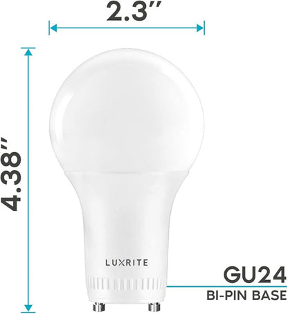 LUXRITE A19 LED GU24 Light Bulb, 60W Equivalent, 2700K Warm White, Enclosed Fixture Rated, 800 Lumens, Dimmable Twist Lock Light Bulbs, Damp Rated, UL Listed, GU24 Base (16 Pack)
