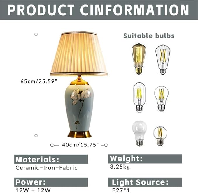 Blue Ceramic Table Lamp with White Fabric Lamp Shade Vintage Lamps with Flower and Bird Patterns，Traditional Home Decor Ceramic Table Lamp for Living Room Bedroom Nightstand Home Office