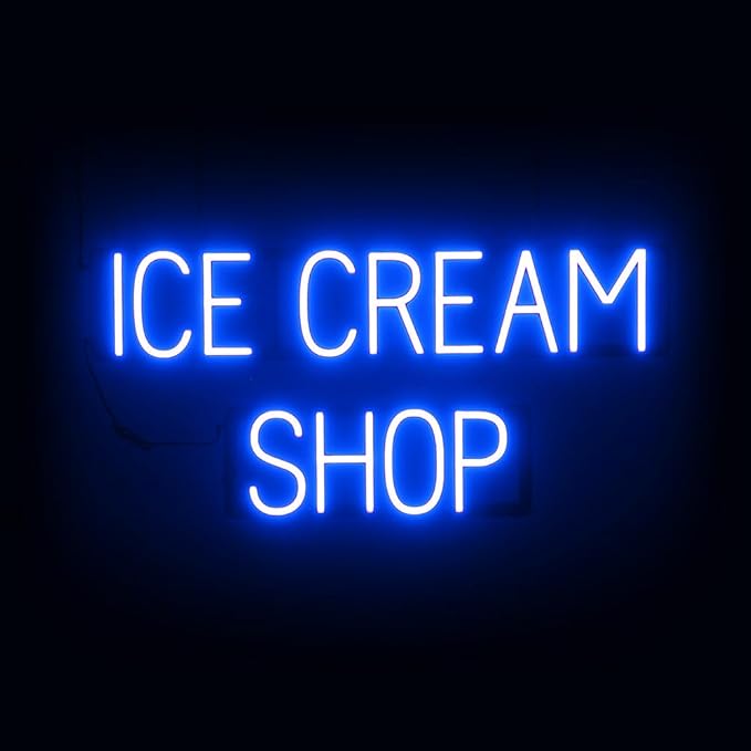 SpellBrite ICE CREAM SHOP Sign | Treat-Related Sign with Neon Look, Blue LED Light Source | 31.7" x 15.0"