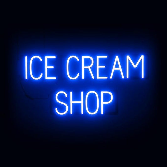 SpellBrite ICE CREAM SHOP Sign | Treat-Related Sign with Neon Look, Blue LED Light Source | 31.7" x 15.0"