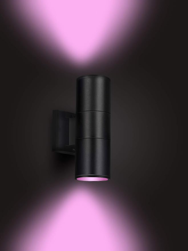 Exterior Double Up Down Outdoor Wall Lights,Mi.Light Remote Control RGB Color Changing 1000lm Warm White 3000k RGBW Cylinder Outdoor Wall Light,Smart LED Exterior Lighting (2 Pack)