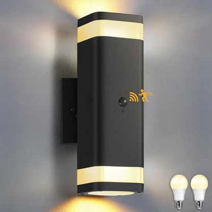 SHIMR Motion Sensor Outdoor Wall Light, Modern Dusk to Dawn Up Down Sconce with 3 Modes, Waterproof Exterior Light Fixture for Porch Garage Patio, 3000K LED Bulb Included, Black Finish