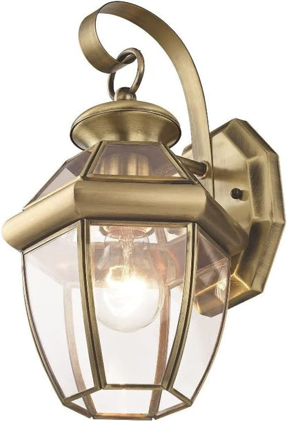 Livex Lighting 2051-01 Monterey 1 Light Outdoor Antique Brass Finish Solid Brass Wall Lantern with Clear Beveled Glass
