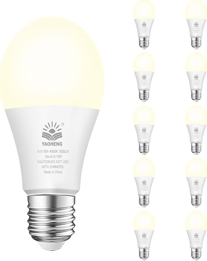 A19 LED Light Bulb, 100 Watt Equivalent LED Bulbs, 4000K Neutral White, 1500 Lumens, Standard E26 Base, Non-Dimmable, 15W Super Bright Light Bulbs for Home, Office Lamp, ETL Listed(10-Pack)
