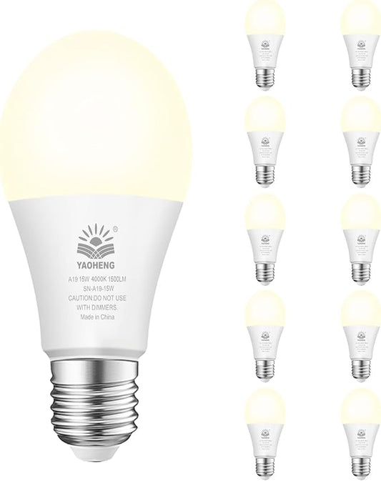 A19 LED Light Bulb, 100 Watt Equivalent LED Bulbs, 4000K Neutral White, 1500 Lumens, Standard E26 Base, Non-Dimmable, 15W Super Bright Light Bulbs for Home, Office Lamp, ETL Listed(10-Pack)