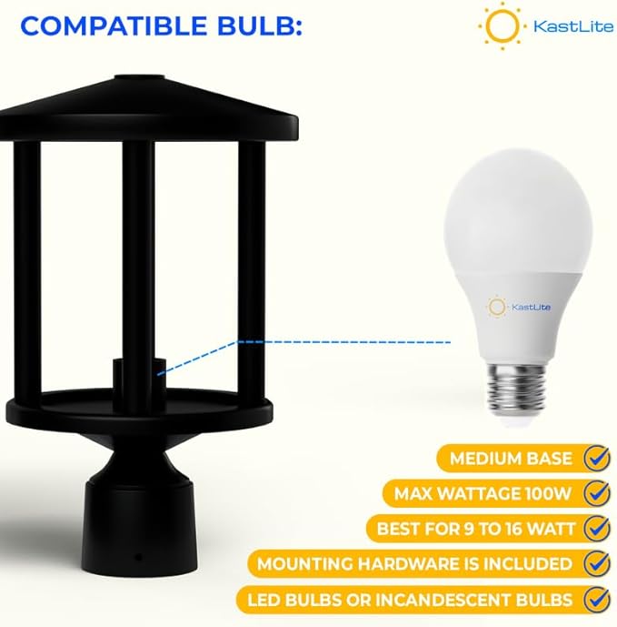 KASTLITE Outdoor Post Light Fixture, Fits 3" Lamp Post Outdoor Lighting - Anti-Rust Waterproof Lantern Pole Light, E26 Base - Yard Pathway Driveway Patio Deck Fence & Street Lighting