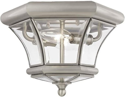 Livex Lighting 7052-02 Monterey 2 Light Outdoor/Indoor Polished Brass Finish Solid Brass Flush Mount with Clear Beveled Glass