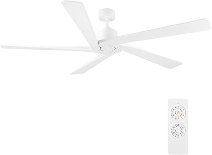 WINGBO 64" DC Ceiling Fan No Lights, 5 Carved Solid Wood Blades, 6-Speed Reversible DC Motor, Brass Finish Ceiling Fan without Lights, White