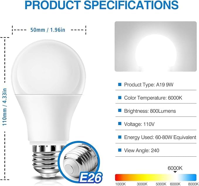 Neporal Full Spectrum Light Bulb, 6000K UV-Free Daylight Sunlight Light Bulbs, 9W (60W Equivalent) LED CRI 90, Flicker-Free, 30,000 Hrs Lifespan, E26/E27 Natural Light Bulb for Home & Office - 6PK