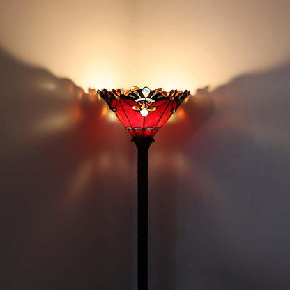 Bieye L10682 Baroque 67 inch Tiffany Style Stained Glass Torchiere Floor Lamp with 13 Inch Wide Handmade Lampshade, Metal Base with Dark Brown Baking Finish, Red