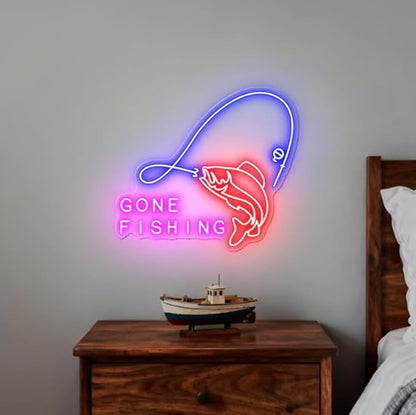 Gone Fishing LED Neon Sign for Cabin Decor, Lake House Wall Light, Fisherman Gift, Rustic Fishing Sign for Man Cave or Garage Size:20 x 17inches