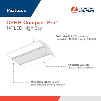Lithonia Lighting Compact Pro LED High Bay Light, Ceiling Lighting Fixture, Adjustable 12000/15000/18000 Lumens, Selectable 4000K/5000K, MVOLT 120-277V (CPHB ALO13 MVOLT SWW9 80CRI DWH)