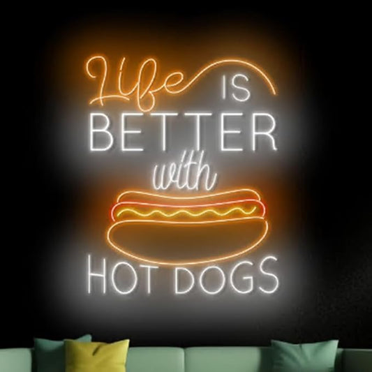 Life Is Better With Hot Dog Neon Sign For Fast Food Restaurant Wall Decor, 23" Hot Dog Shop Wall Art, Street Food Led Light