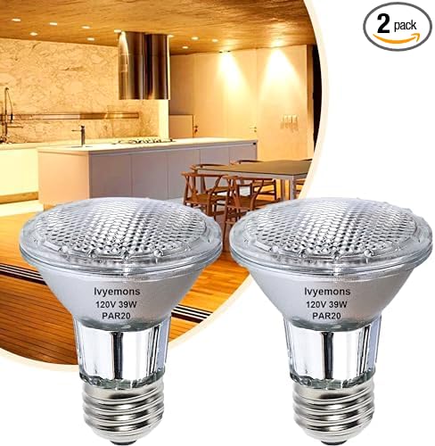 PAR20 Flood 39W 120V 480 Lumens- 2 Pack PAR20 Flood Light Bulbs with E26 Base, PAR 20 Dimmable 2800K Warm White, Long Lasting 39W PAR 20 Bulb for Recessed Lighting & Range Hood Light Bulbs