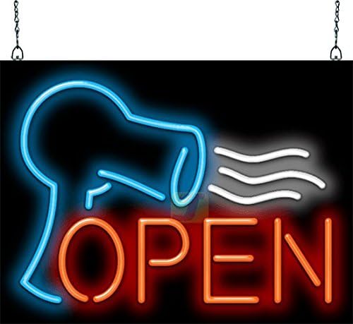 Hair Dryer Open Neon Sign - 24" Wide x 18" high - Real, Quality Hand Bent Neon - Red Letters with a Blue & White Hair Dryer Graphic