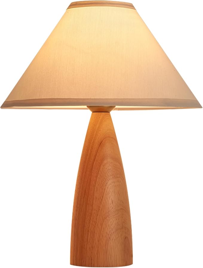 Bedside Table Lamp for Bedroom, Mid-Century Modern Plug in Fabric Shade & Solid Wood Base Desk Lamp, Plug & Play Yellow Wood Nightstand Lamp for Living Room, Office 【Bulb Included】