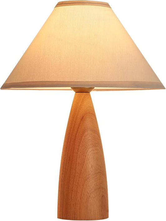 Bedside Table Lamp for Bedroom, Mid-Century Modern Plug in Fabric Shade & Solid Wood Base Desk Lamp, Plug & Play Yellow Wood Nightstand Lamp for Living Room, Office 【Bulb Included】