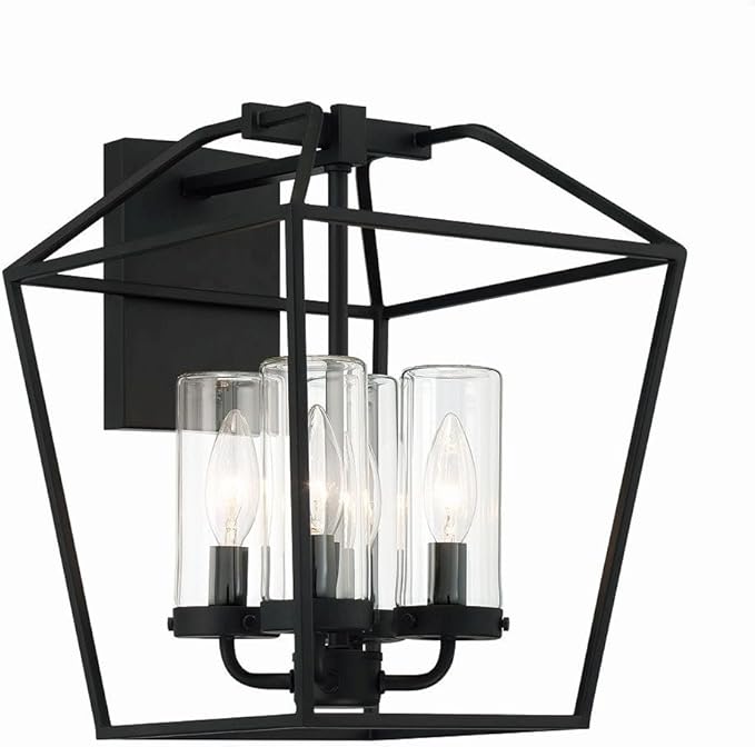 Eurofase Bastille 4 Light Outdoor Wall Lantern with Satin Black Finish - Wet Rated ETL Certified Large Sconce with Hand Blown Glass for Porch Patio