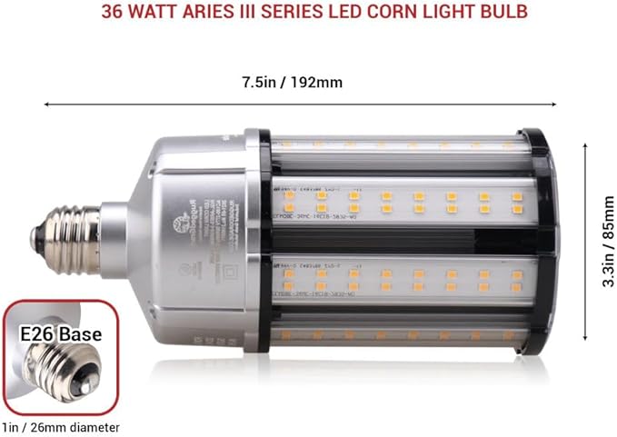 RuggedGrade Aries III Series 36W LED Corn Bulb | 4,900 Lumens | 5000K Bright White | E26 Base | Built-in 4KV Surge Protection | Dimmable | DLC 5.1 Premium